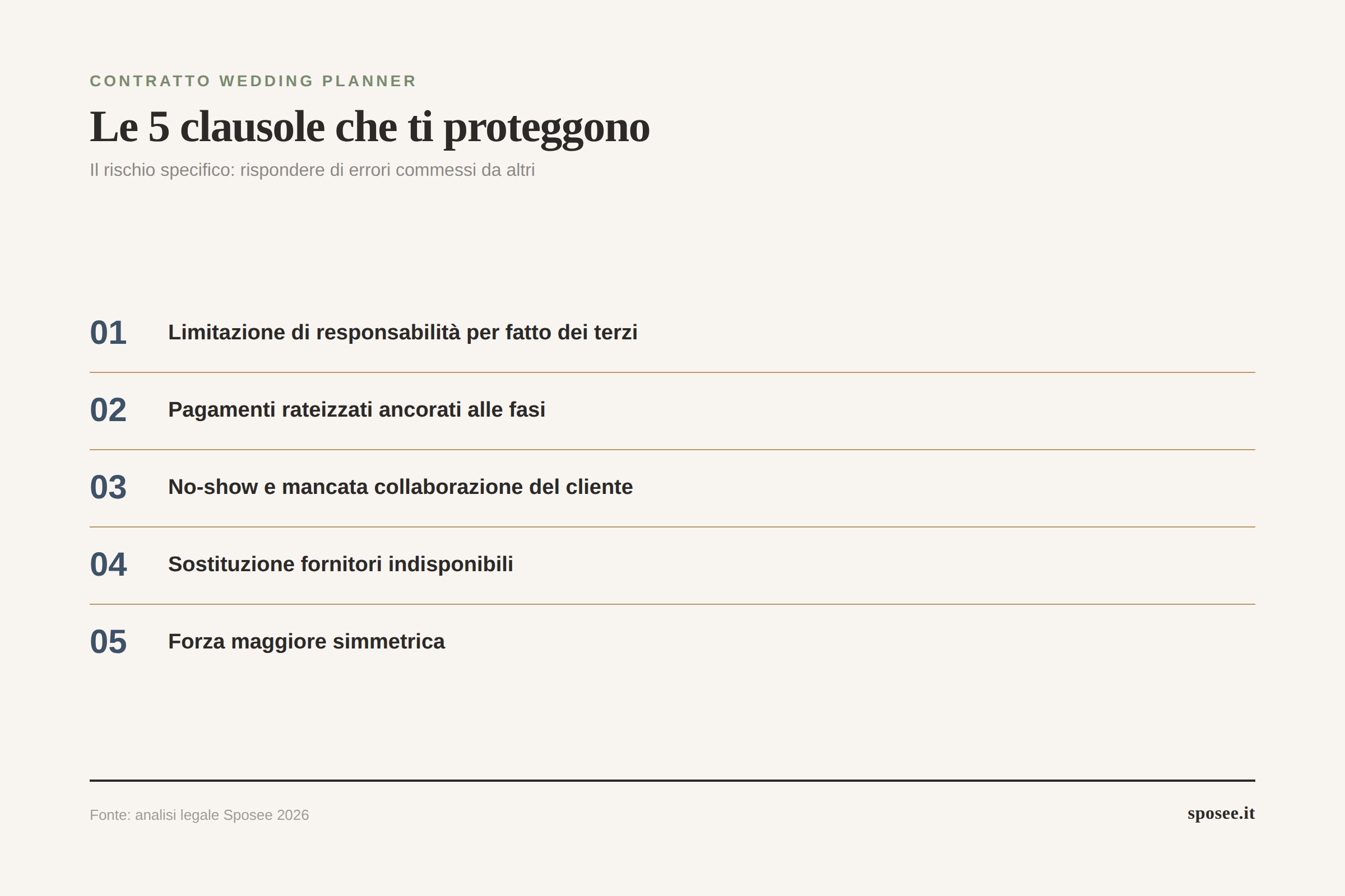 Infografica le 5 clausole essenziali nel contratto del wedding planner per proteggersi legalmente